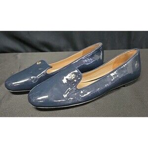 Tory Burch Samantha Navy Blue Patent Leather Loafers Gold Logo Detailing Size 9